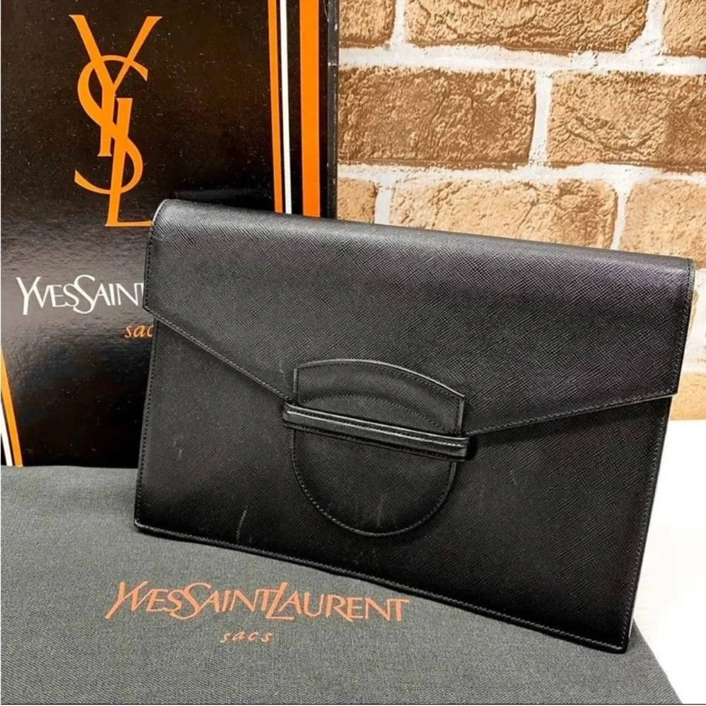 Yves Saint Laurent Black Leather Envelope Briefcase Clutch - Picture 1 of 6